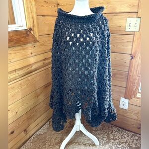 Cozy Hand Knit Poncho Velvet Yarn Cape Sweater Copper Blue Boho Cowl Boat Neck
